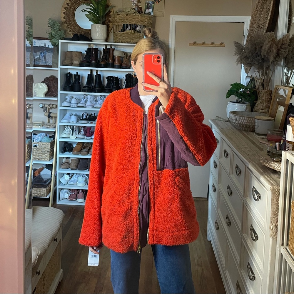 NWT Free People We The Free Orange Rivington Faux Shearling Teddy Jacket